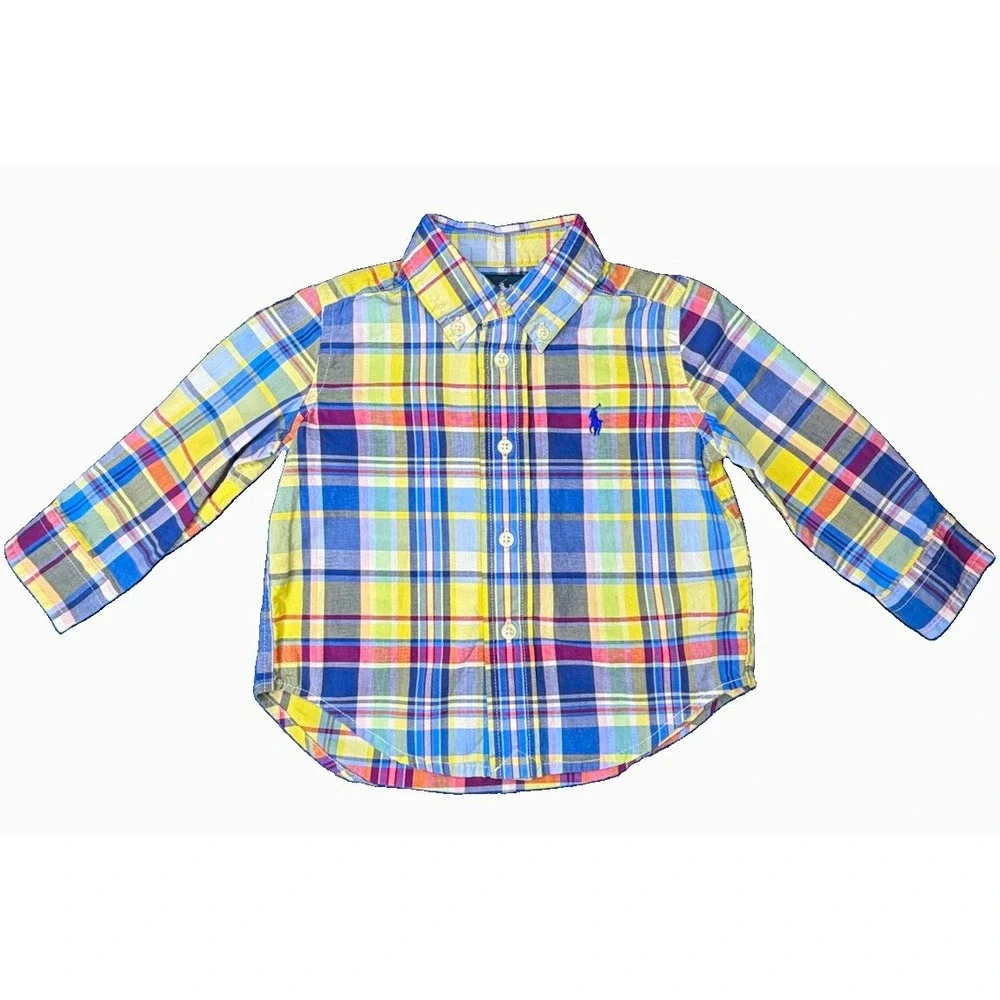 Ralph Lauren Boys 9M Plaid Long Sleeve Button-Up Shirt 100% Cotton Logo